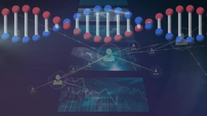 在屏幕上进行医疗数据处理的dna链旋转动画，连接网络