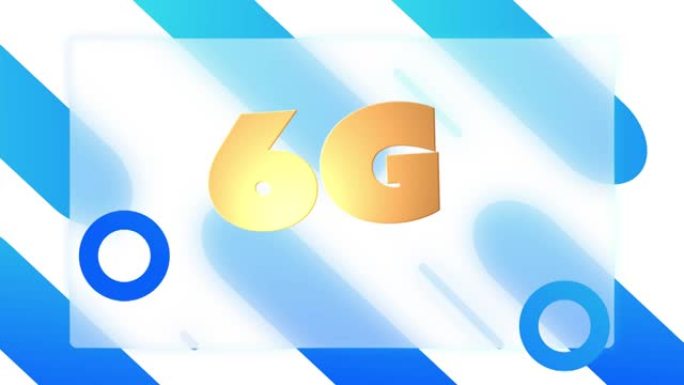 金色文字6g动画，蓝色圆圈漂浮，对角蓝白条纹