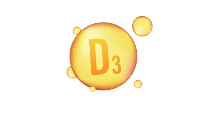 维生素D3金色闪亮图标。抗坏血酸。运动图形。