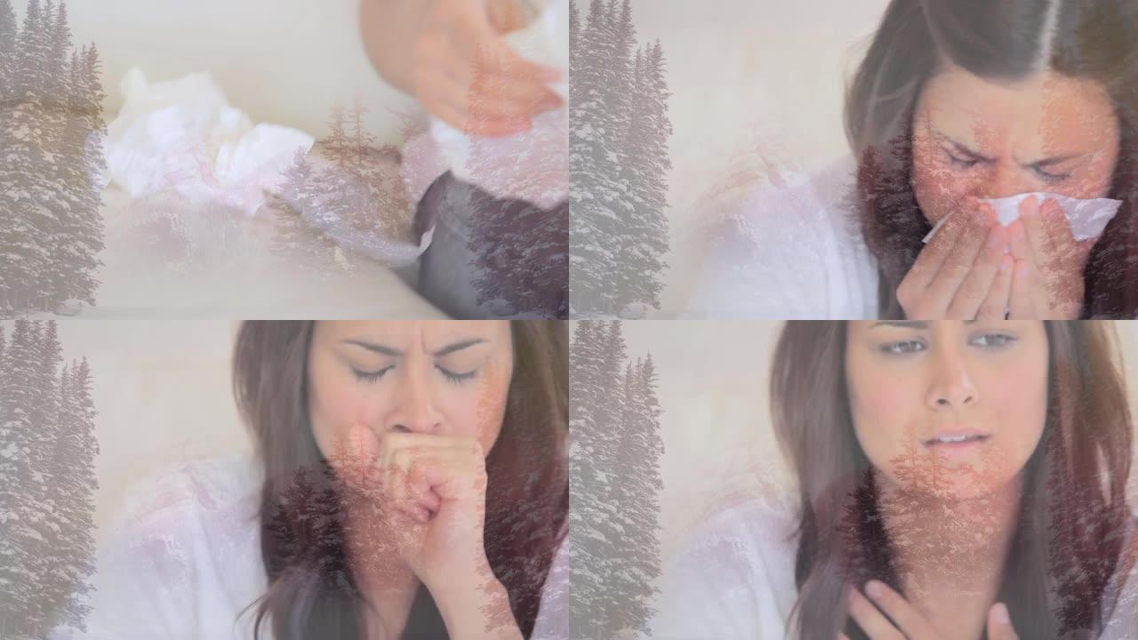 生病的女人咳嗽并向组织吹鼻子的动画，在冬天的树木上