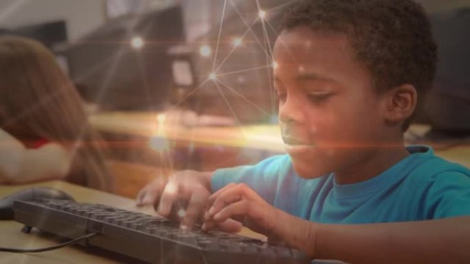 在学校使用计算机与非洲裔美国男孩肖像的联系网络发光