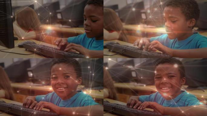 在学校使用计算机与非洲裔美国男孩肖像的联系网络发光