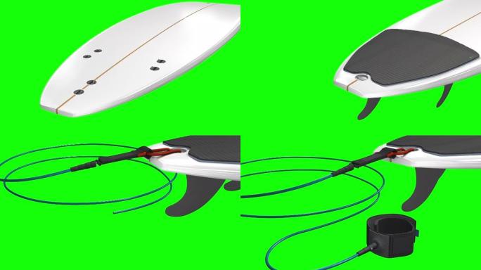 组装冲浪板的单个部件，在绿色屏幕上显示结构-3d插图