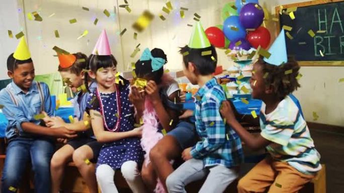 金色五彩纸屑的动画，让各种快乐的孩子在戴着帽子和气球的派对上玩得开心