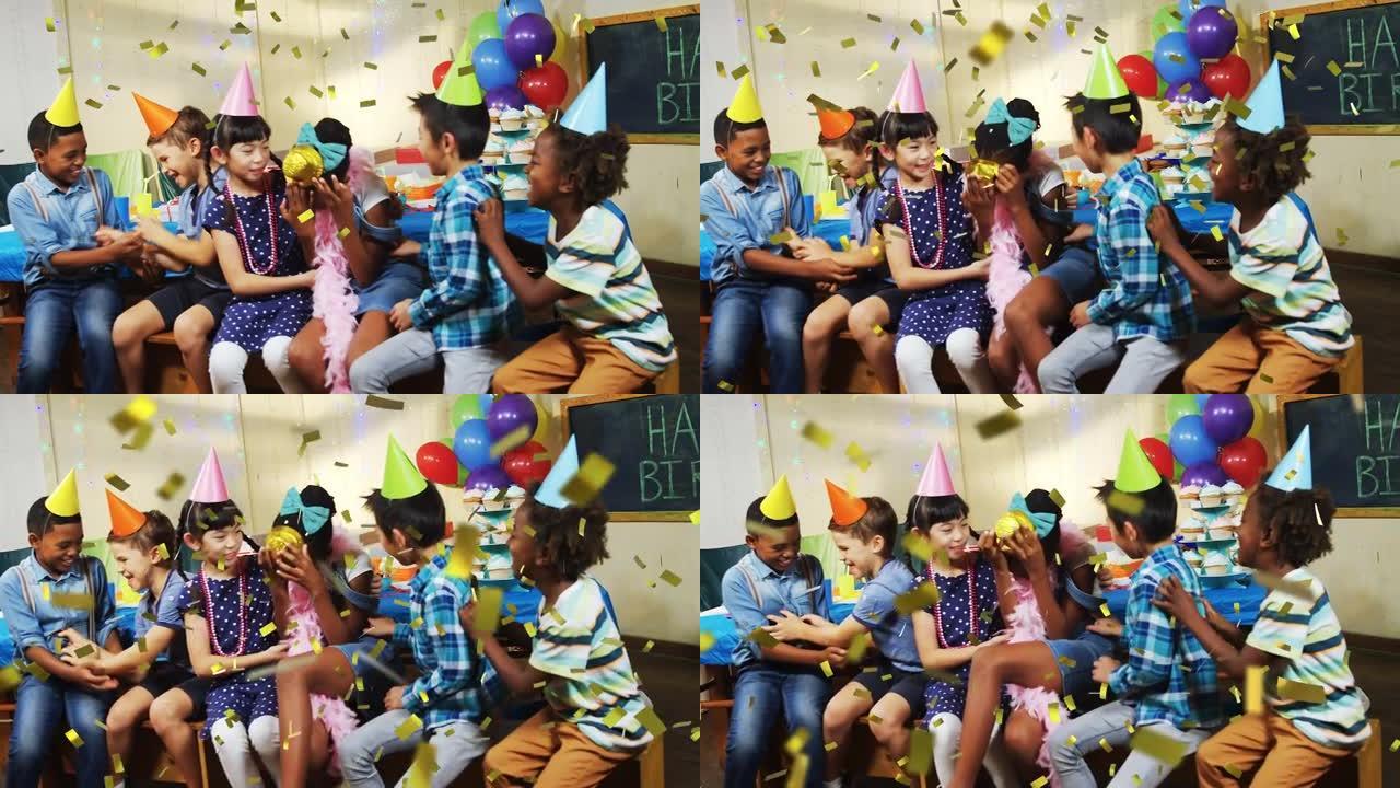 金色五彩纸屑的动画，让各种快乐的孩子在戴着帽子和气球的派对上玩得开心