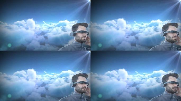 白人男子戴着vr护目镜，抵御天空中的光和云点