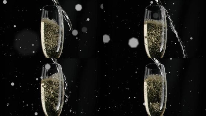 黑色背景上的白色斑点漂浮在一杯香槟上的动画