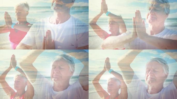 在海边练习瑜伽的老年夫妇的发光动画