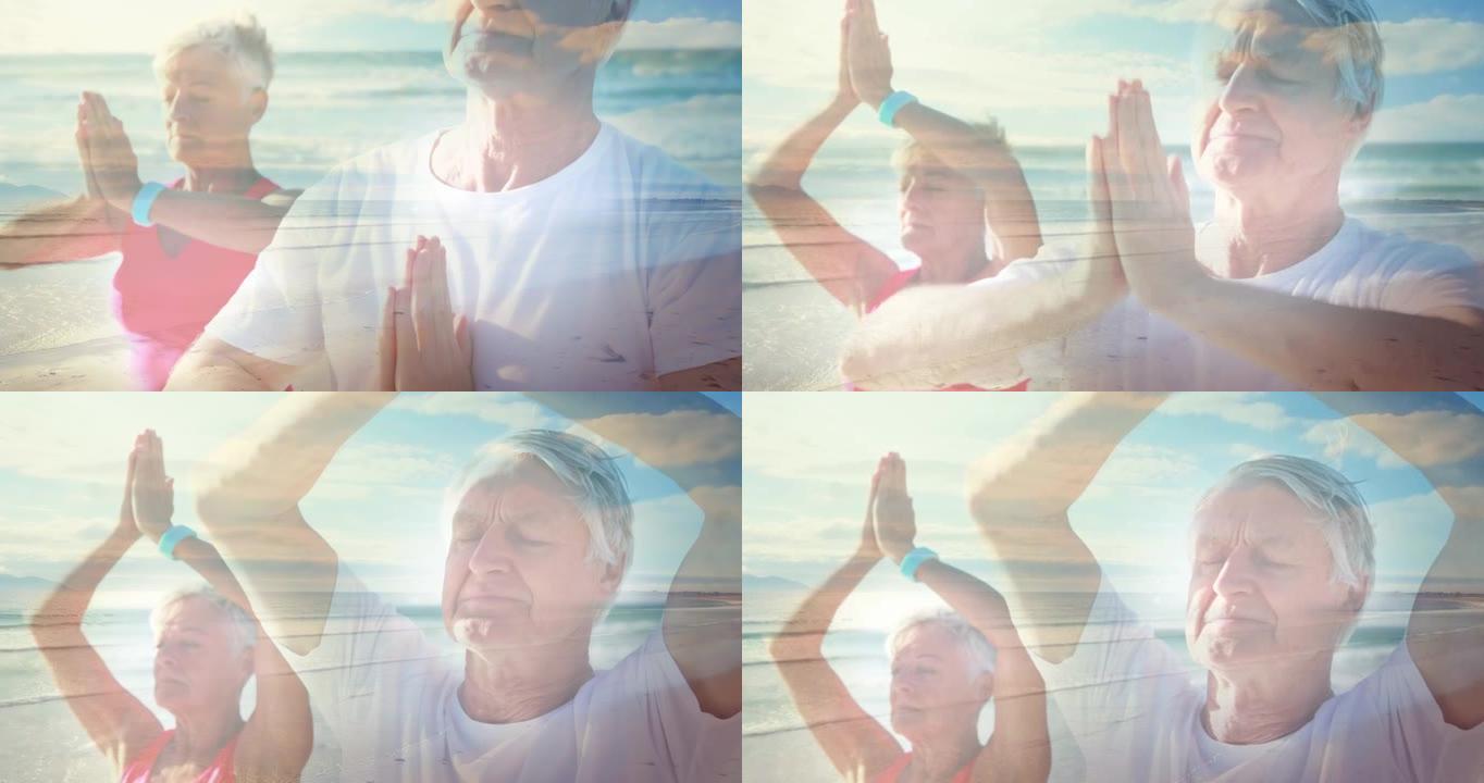 在海边练习瑜伽的老年夫妇的发光动画