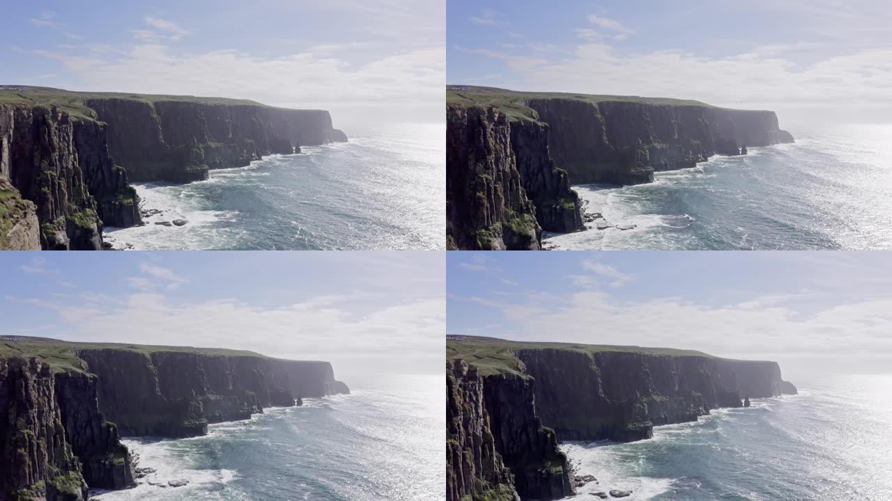 爱尔兰母亲悬崖4k中的镜头。爱尔兰著名的地方。汹涌的大海，风，海鸥，晴天