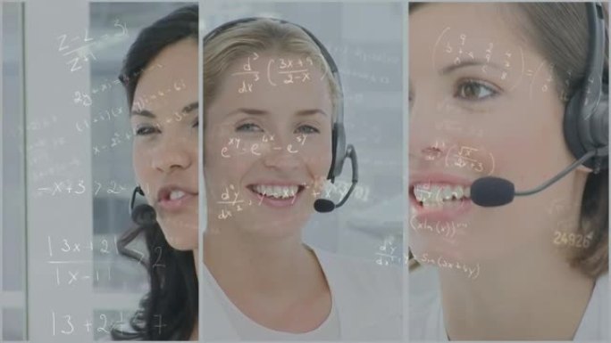使用电话耳机在女商人照片上的连接和数字网络动画