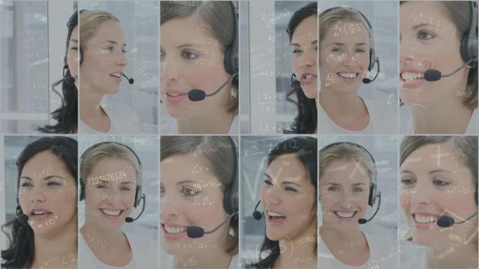 使用电话耳机在女商人照片上的连接和数字网络动画