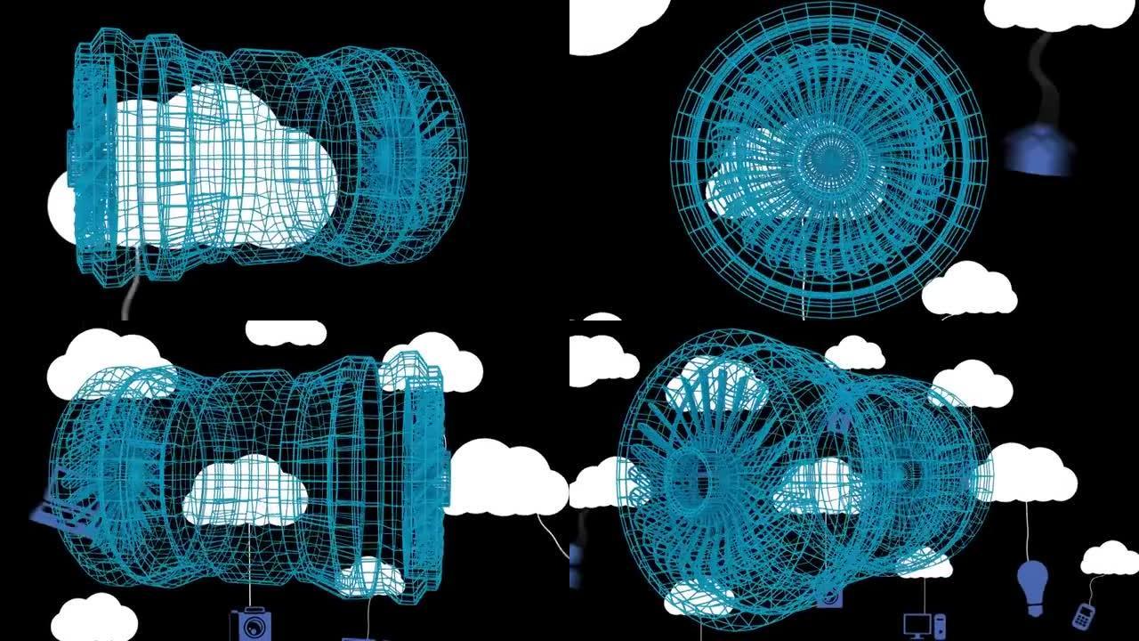 数字云和图标的动画和黑色背景上的3d引擎绘图