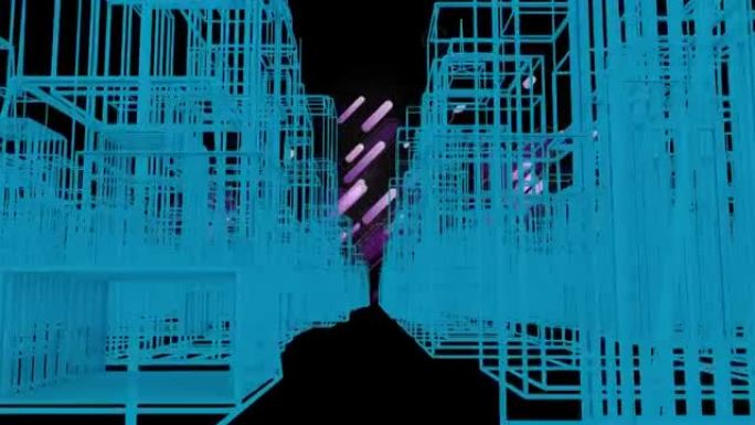黑色背景上紫色灯光步道上的蓝色3d城市景观动画