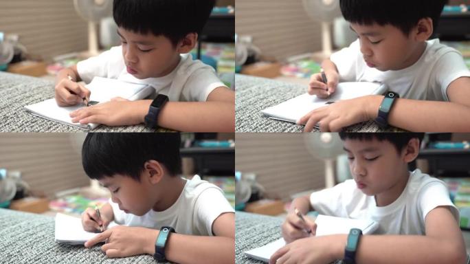 亚洲男孩在客厅参加在线教室。