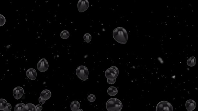 黑色背景上漂浮的黑色气球升起和五彩纸屑落下的动画