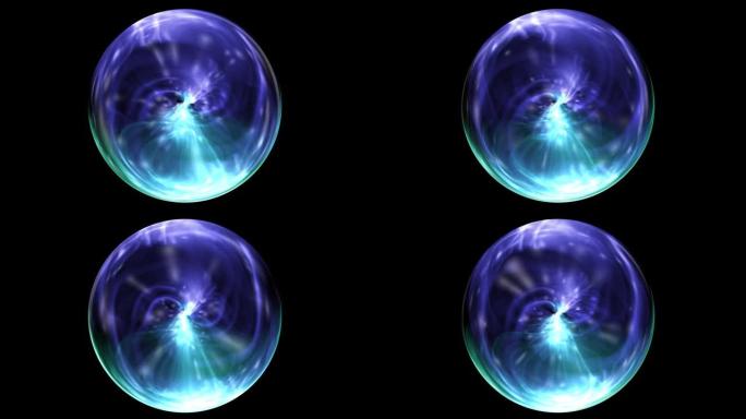 黑暗背景中抽象的水晶球中的精神冥想的动画运动发光能量在魔术水晶球中流动。呼唤灵魂说话