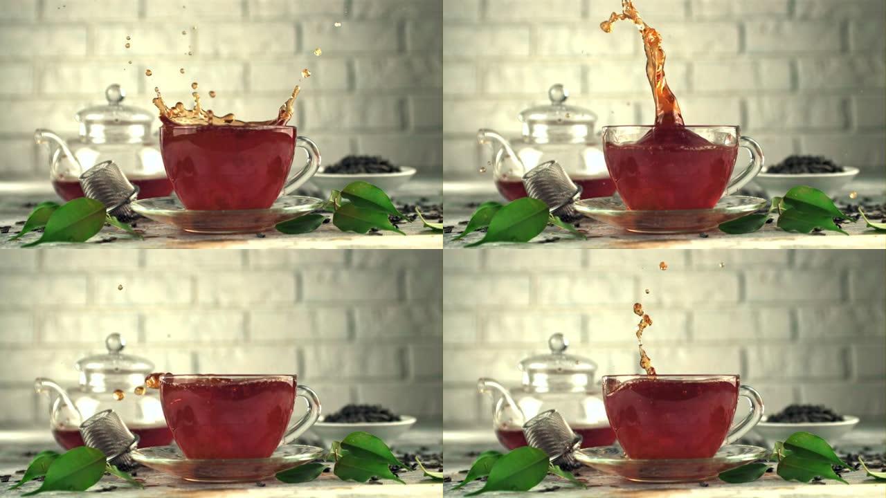 一杯茶中的超级慢动作会溅出糖分。以1000 fps的高速相机拍摄。