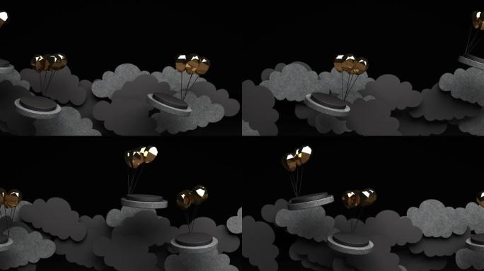 黑色背景3d渲染动画循环上系着金色气球的深色礼品盒从天而降，穿过移动的云层