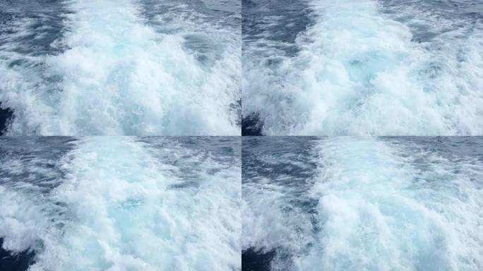 近距离观察蓝色地中海中的强烈涡流，在摩托艇的背面-红色相机4K