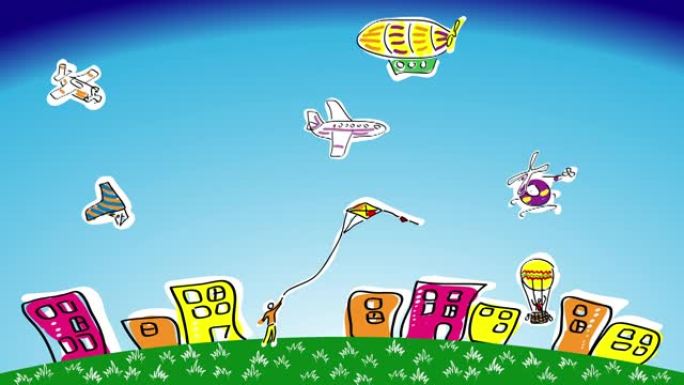 卡通图片。伙计，那家伙放了一只风筝。大型客机、小型农用飞机、飞艇、热气球、悬挂式滑翔机、直升机。风格