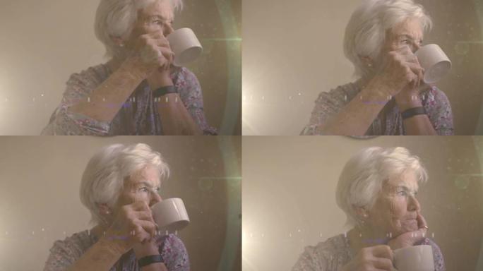 严肃的高级妇女喝茶时发光的动画