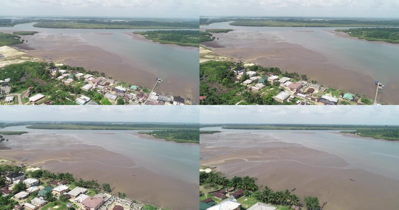 尼日利亚安多尼河州无人机射击。河边，交通，市场，教堂