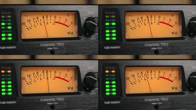 VU仪表的特写。声级指示器。录音时针头移动。专业演播室音频设备。
