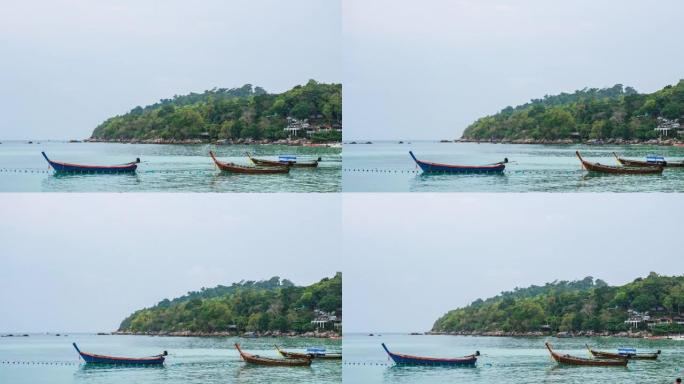 泰国利培岛芭堤雅海滩的长船和蓝水，延时视频