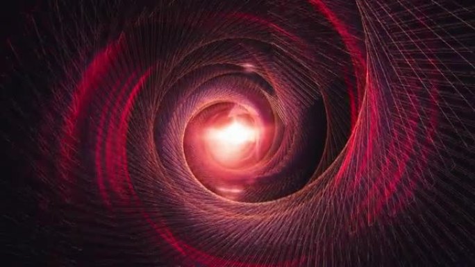 4K 3D未来技术分形艺术粉色紫色红色漩涡网眼围绕中心旋转并混合。具有中心光学耀斑复古波无缝动画循环