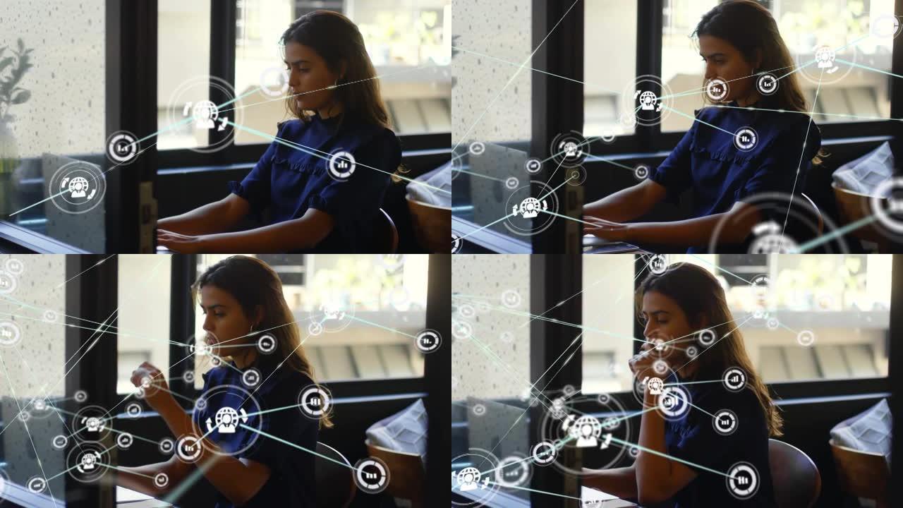 使用笔记本电脑在女商人上使用图标的连接网络动画