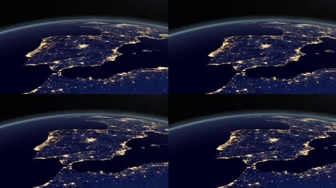 伊比利亚半岛，西班牙和葡萄牙，在地球行星的夜晚