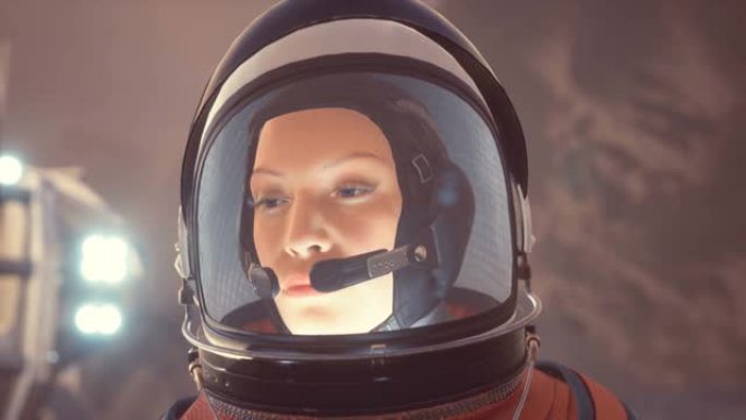 一位女宇航员，第一次发现自己在一个陌生的沙漠星球上，研究地形。这名女子是用3D电脑图形绘制的。动画是