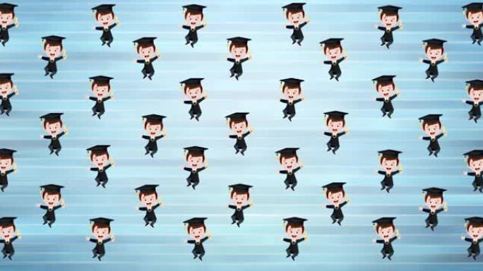 蓝色背景下漂浮的多个毕业男孩图标的数字动画