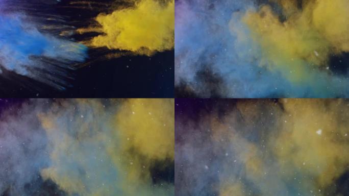 五彩纸屑掉落的动画，黑色背景上有黄色和蓝色的粉末
