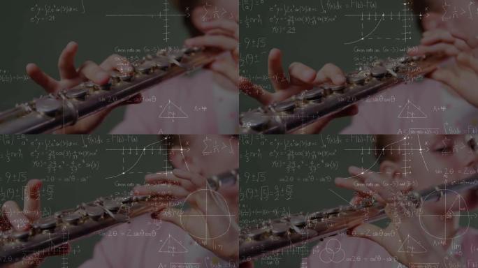 女孩演奏长笛上的数学公式动画