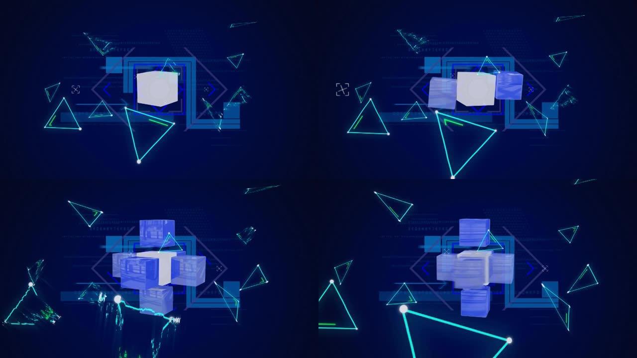 蓝色背景上旋转正方形和闪烁三角形的动画