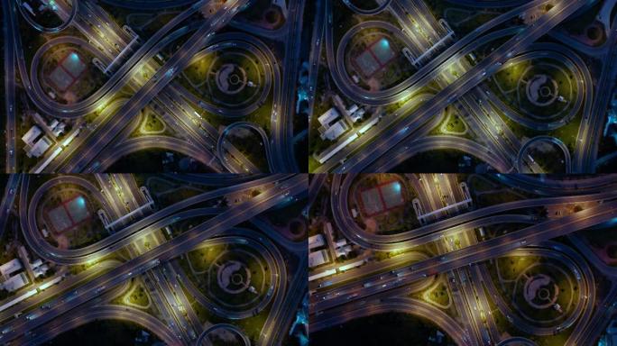 俯视图放大夜间旋转十字公路