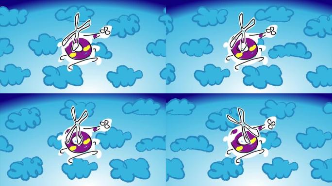 卡通圆形直升机在云间飞天。带有黄色条纹的紫色直升机。移动: 云，飞机。风格: 儿童写意绘画。2D平面