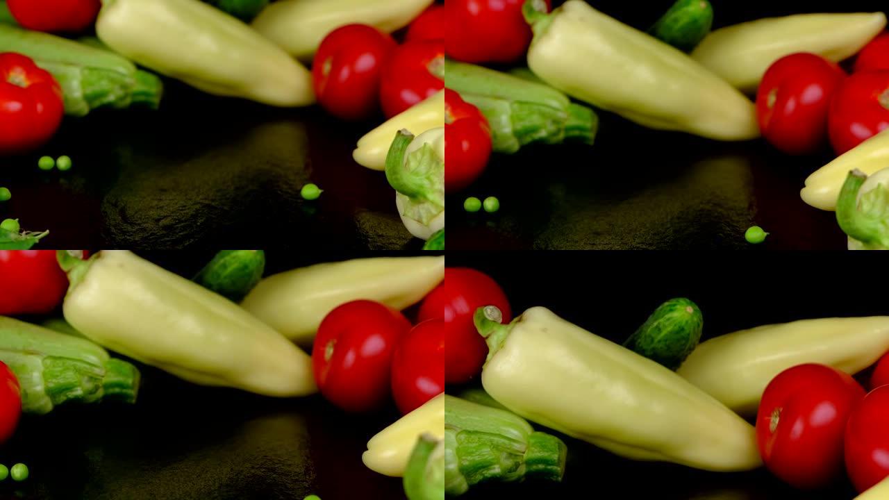 蔬菜背景，黑色背景上的蓝图，模糊的焦点。复制粘贴，文本模板