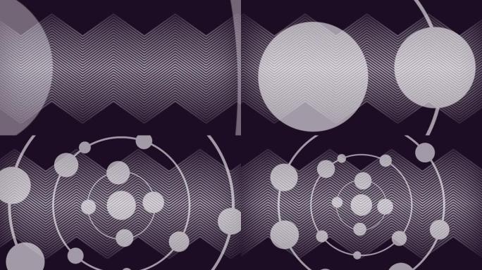 在黑色上移动的灰色动力学平行之字形线上的球体同心环的动画