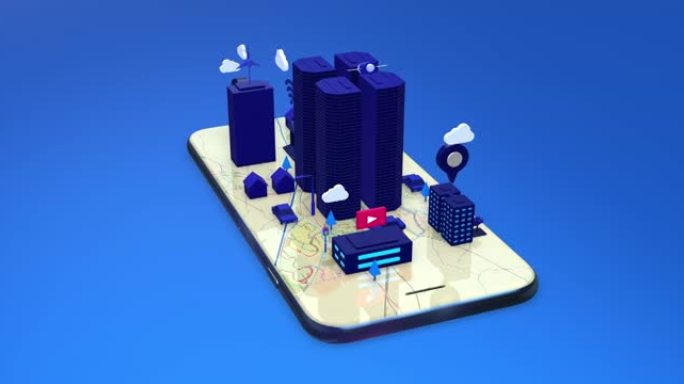 卡通等距3D智慧城市概念。智能平板电脑上的未来生活。循环