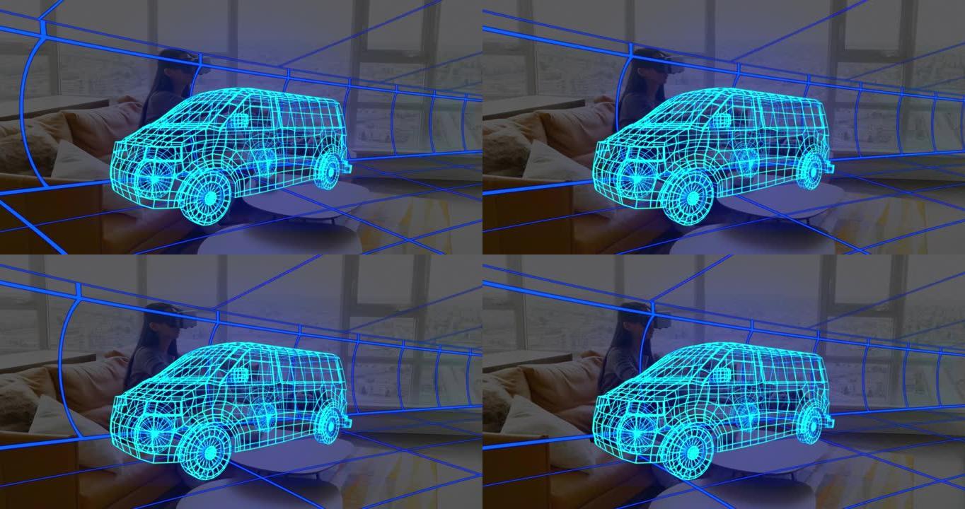 面包车3d技术图动画，在家中戴着vr耳机的女人