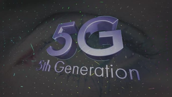 银色文字5g 5代动画，眼睛闪烁，黑色上有数据处理