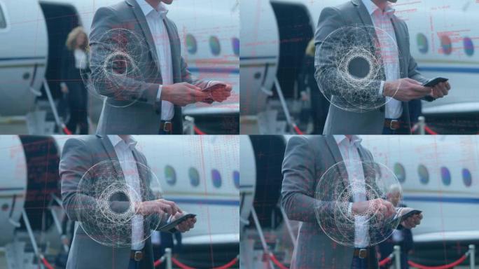 旋转白色形状和数据的动画，在飞机旁使用智能手机的商人上方