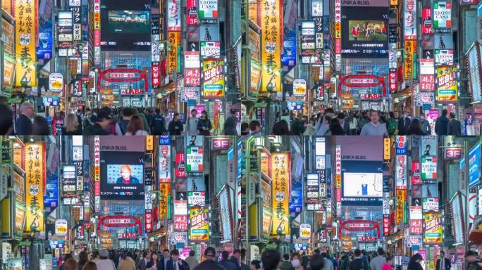 日本东京-2017年10月28日: 东京日本时间流逝4K，游客在新宿歌舞伎町街散步的夜间时间流逝