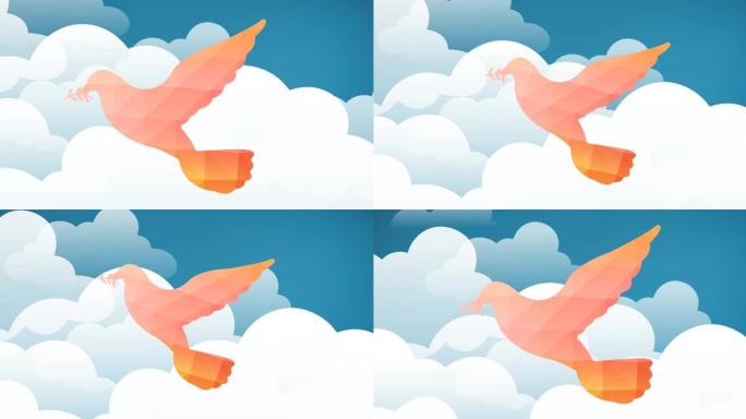 背景下的蓝天上橙色鸟飞过云层的动画