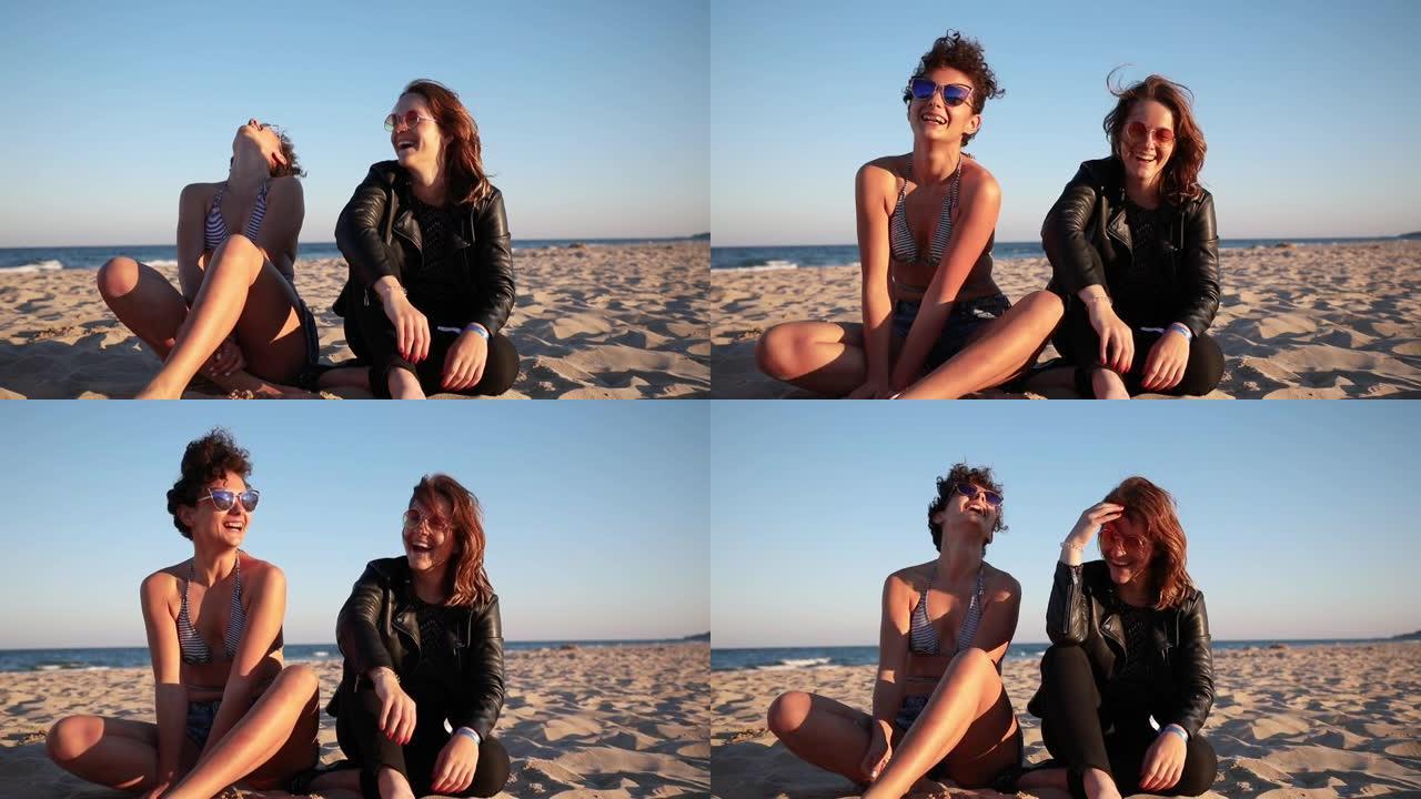 两个女性朋友在海滩上摆姿势