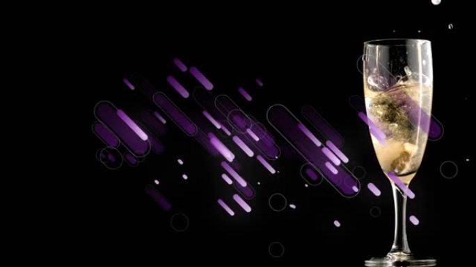 黑色背景上的紫色烟花和香槟杯动画