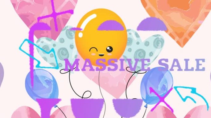 紫色大量销售的文字动画，淡粉色的心形上有橙色气球